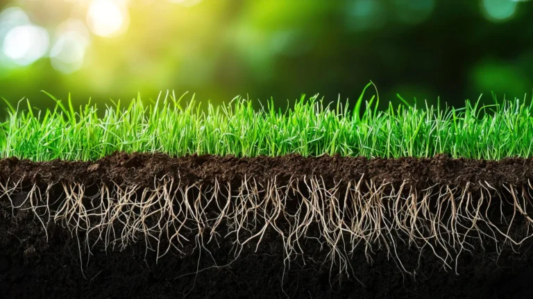 Cross-section of healthy green grass with visible roots growing deep into dark, rich soil. Bright sunlight and a blurred green background suggest a vibrant, outdoor environment.