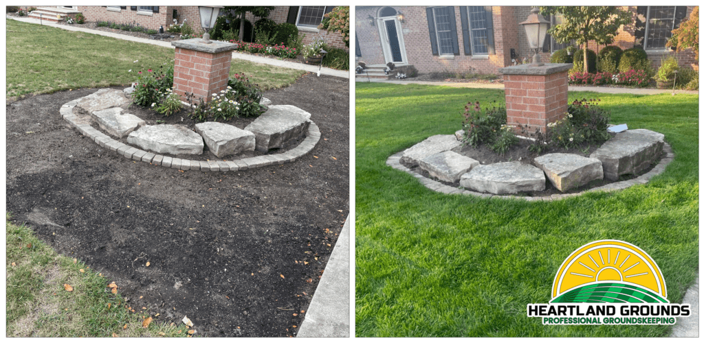 Before and after landscaping comparison. The left image shows bare soil, while the right image shows the completed project with fresh green sod by Heartland Grounds.