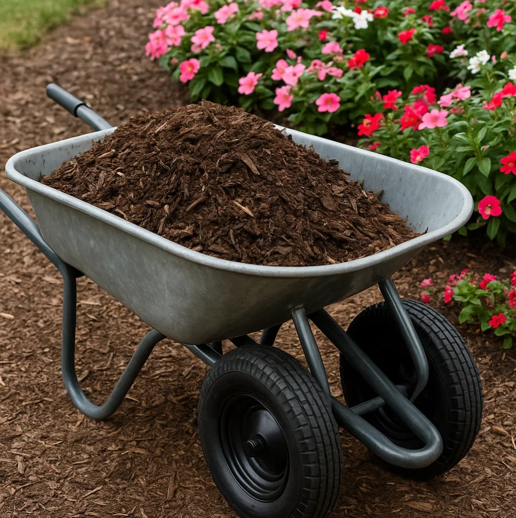 Wheelbarrow filled with hardwood mulch being used for residential mulch installation in a flower bed